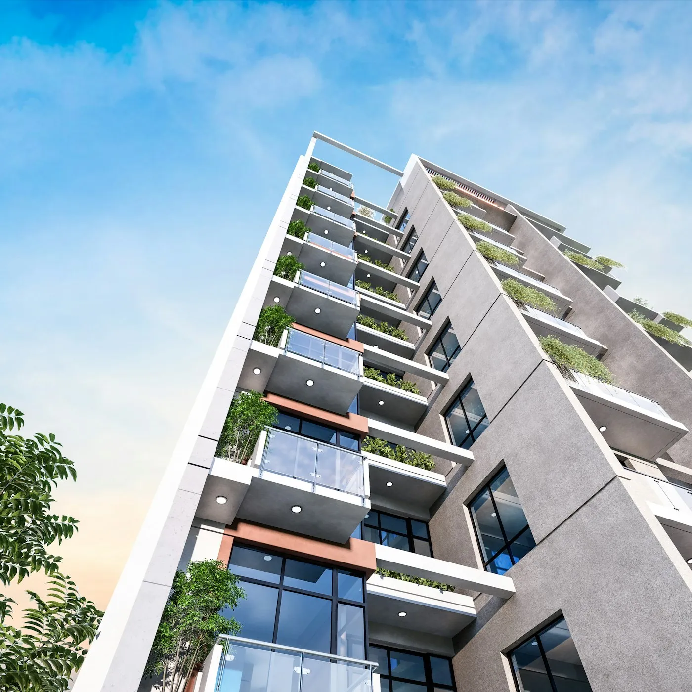 Balkonlu ve yeşil cepheli modern konut bloğu