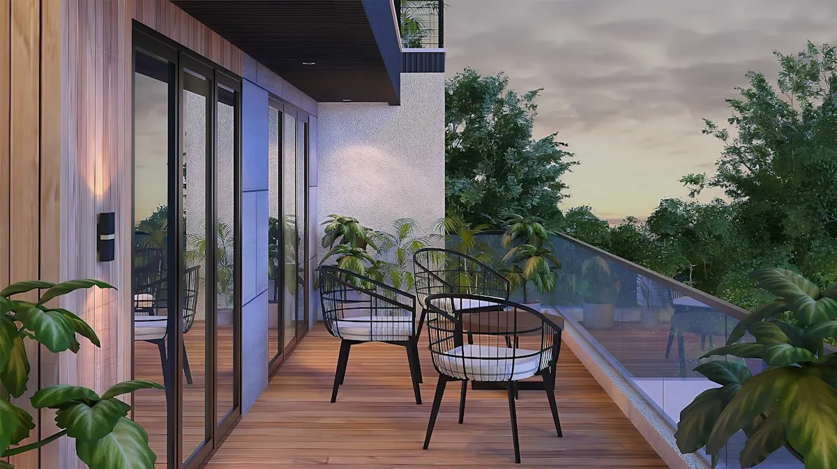 Ağaçlara bakan geniş balkon